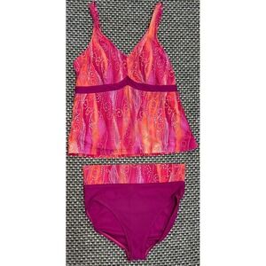 Amoena Bordeaux Tankini 2 Piece Bathing Suit Purple Orange Mastectomy Pocket 14